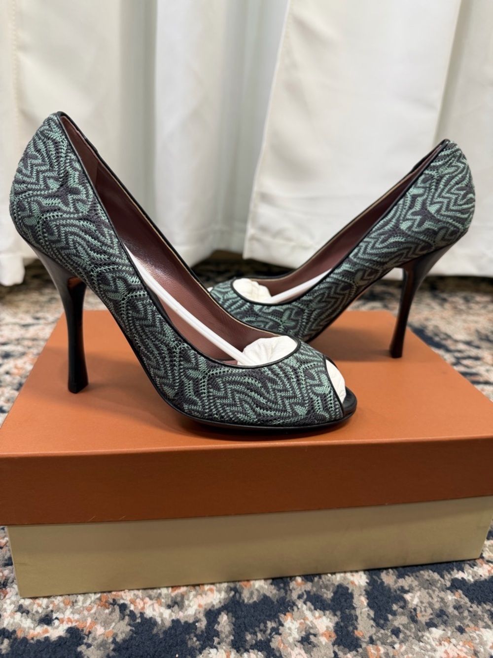 NWT Missoni Mint Green & Gray ‘Tessuto Missoni’ Peep-Toe Dress Pumps Size 7.5